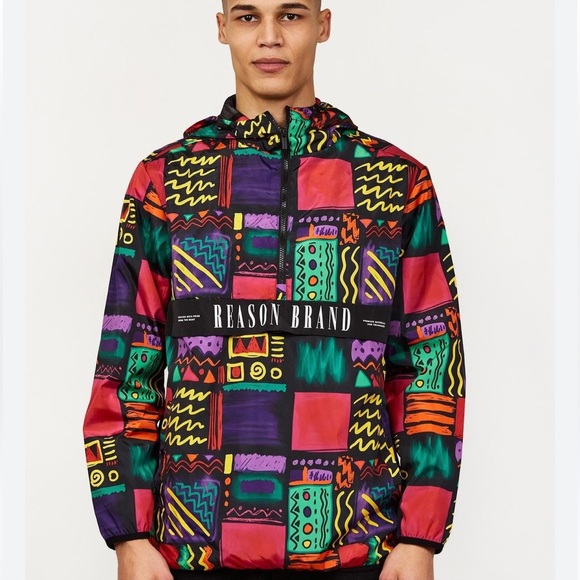 Multicolored Geometric 90's Print Lightweight Hooded Anorak- Size XL - Picture 1 of 5